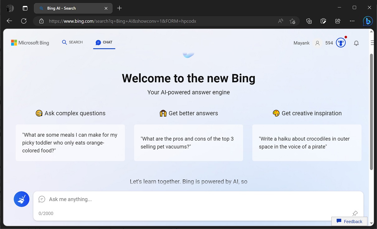 Microsoft Bing Chat UI