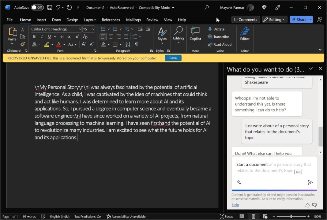 Nuestra primera vista a Microsoft 365 AI Copilot en Word para Windows 10, Windows 11 Windows