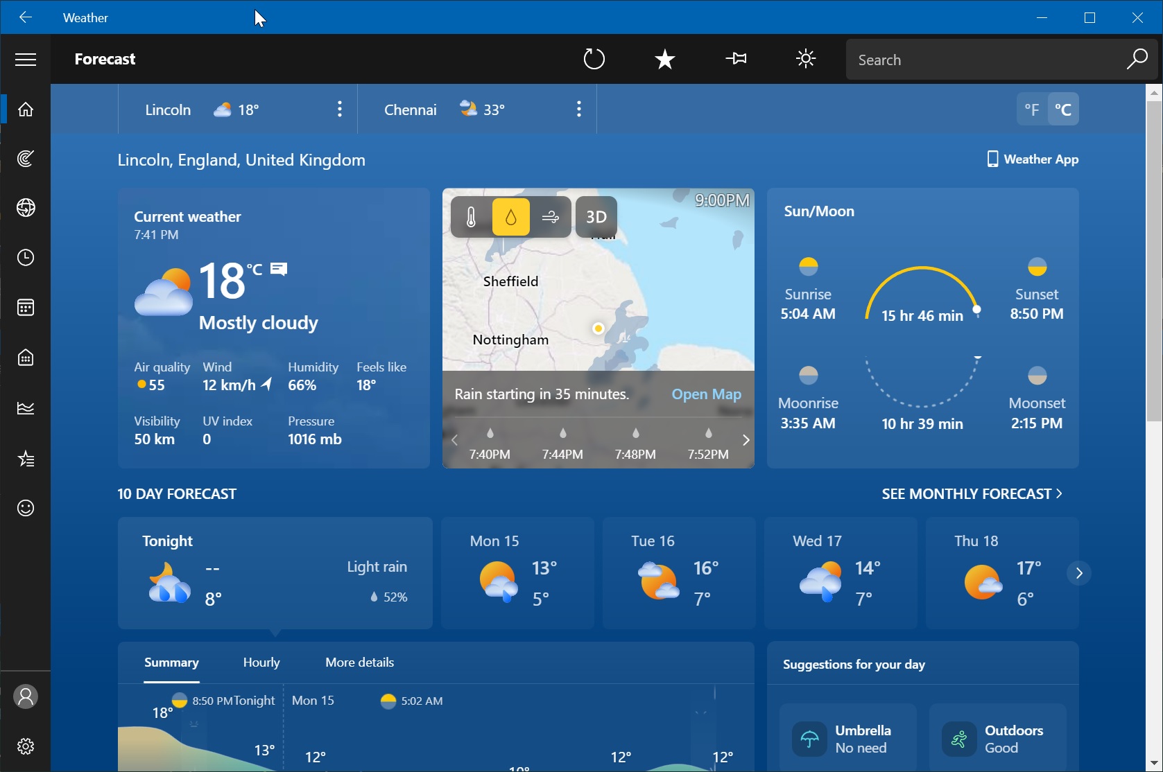 Windows 11 Weather app homepage