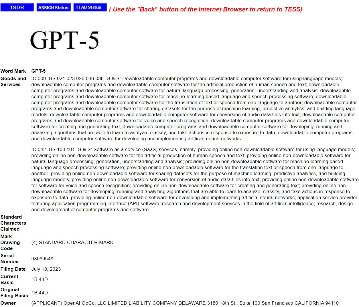 ChatGPT-5 trademark application