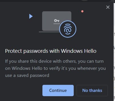 Chrome Windows Hello popup