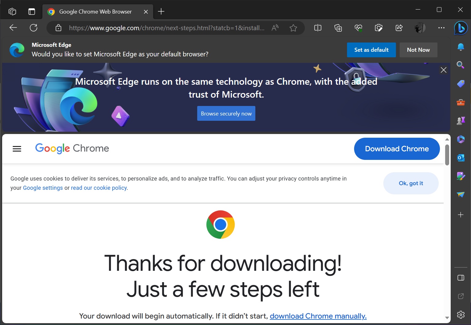 Edge questiona usuários que fazem download do Chrome