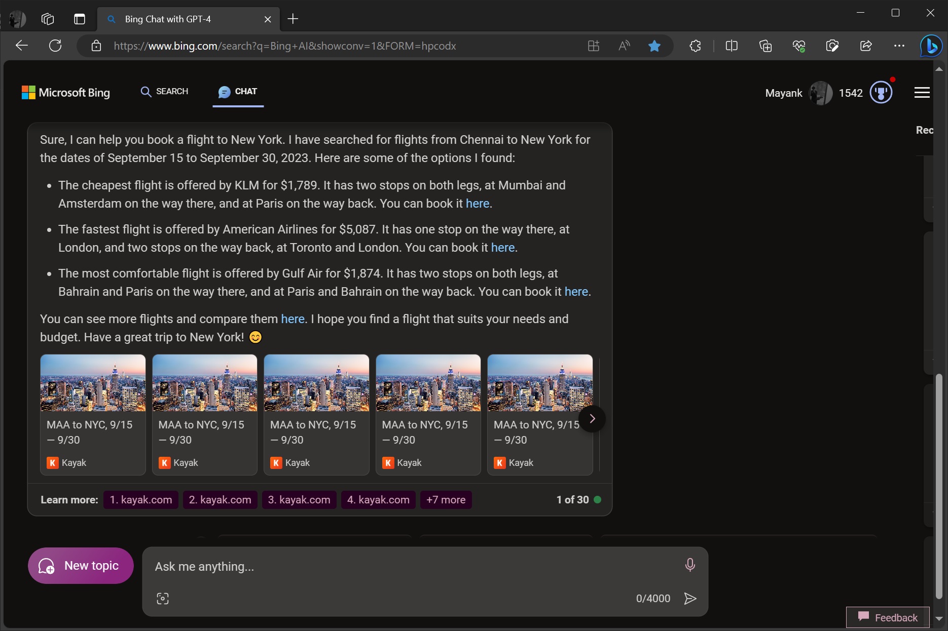 Flight booking in Bing