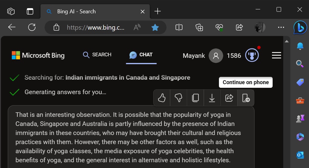 Bing hover for Continue on Phone