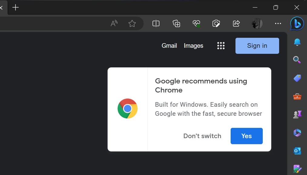 Chrome pop-up in Edge