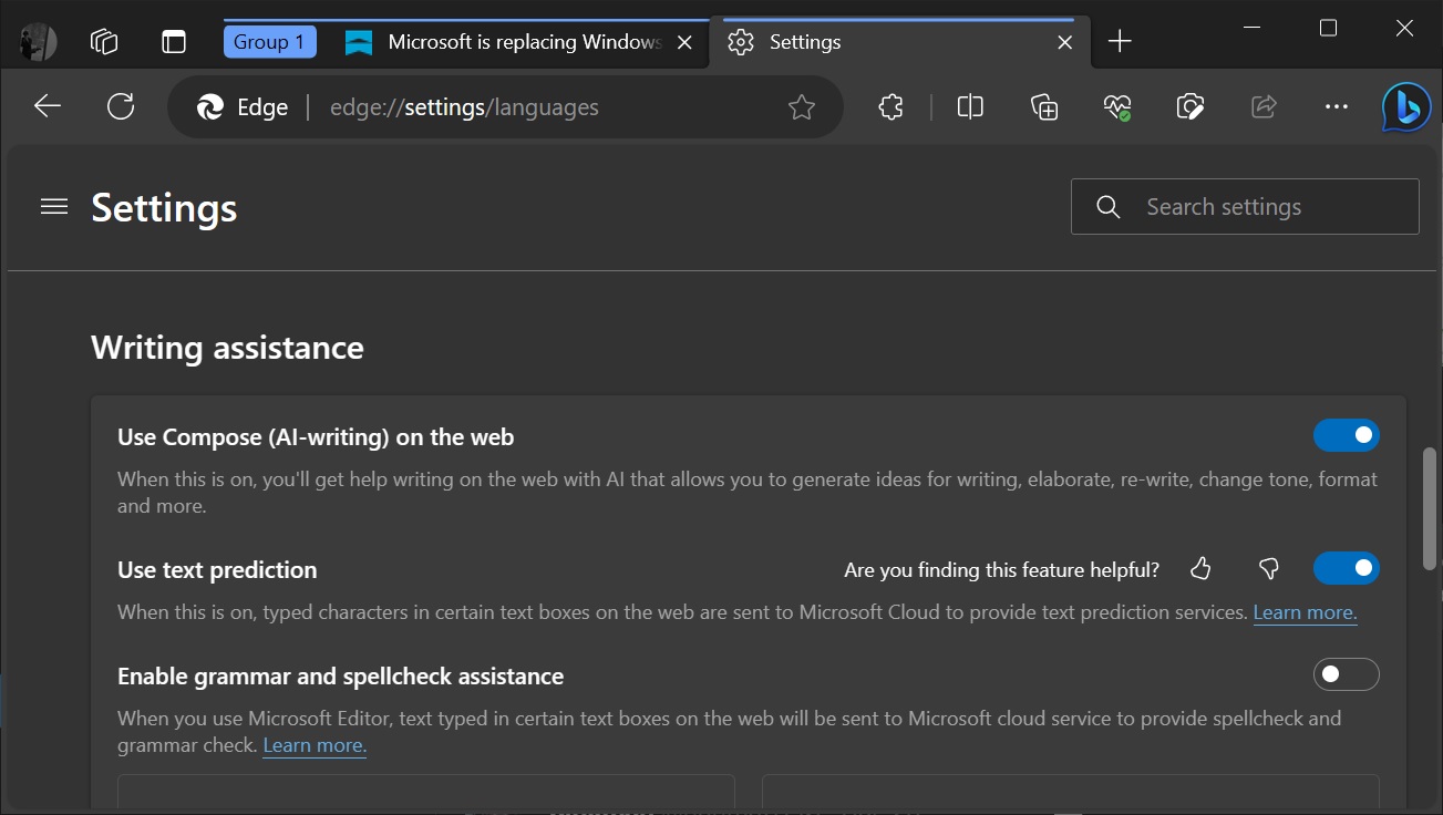 Microsoft Edge AI writing Compose