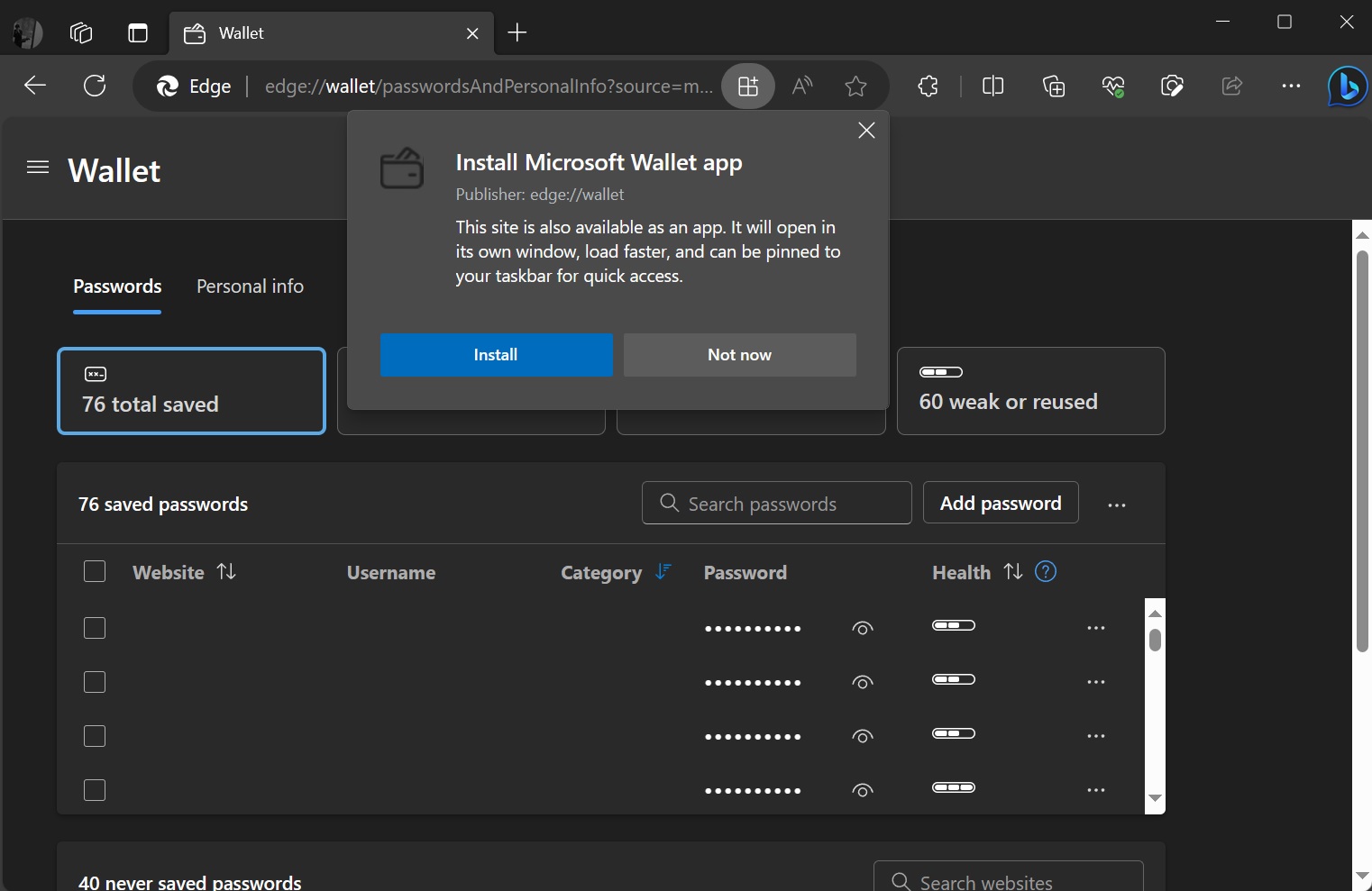 Microsoft Edge Wallet feature