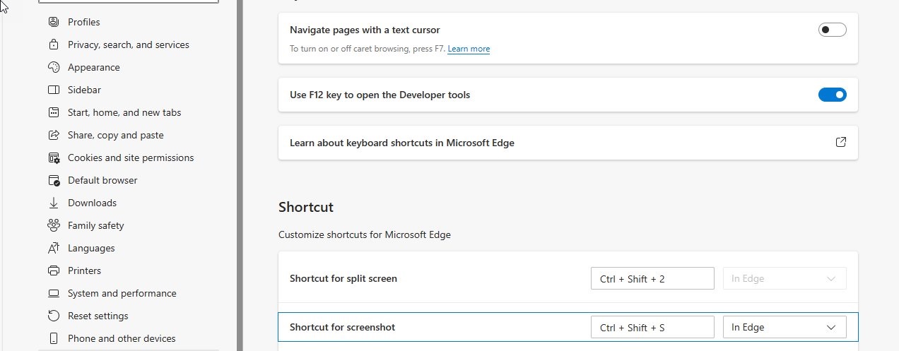 Shortcut for screenshot in Edge
