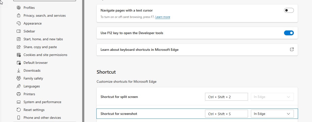 Shortcut for screenshot in Edge