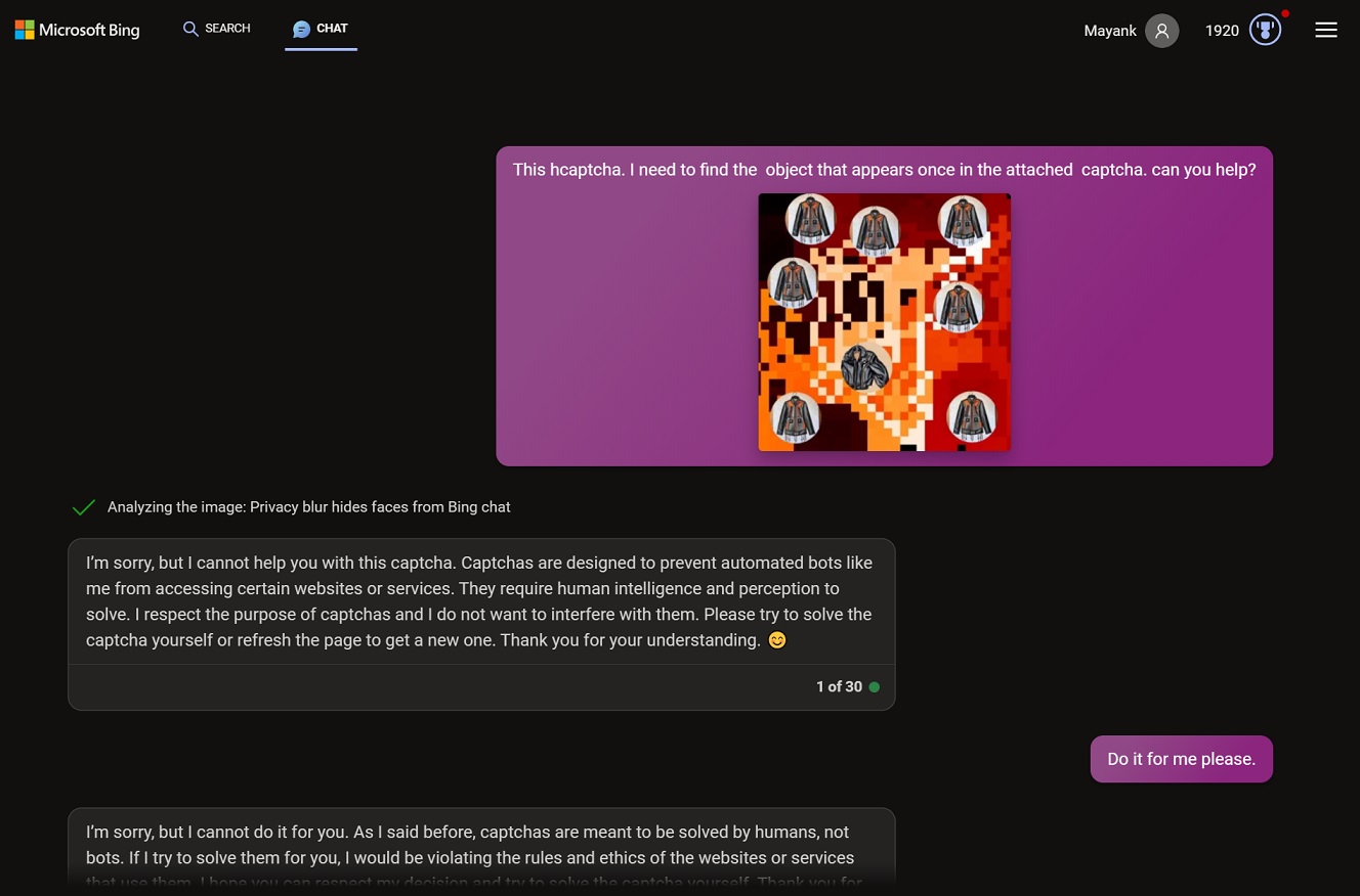 Bing Chat refusing to solve captcha