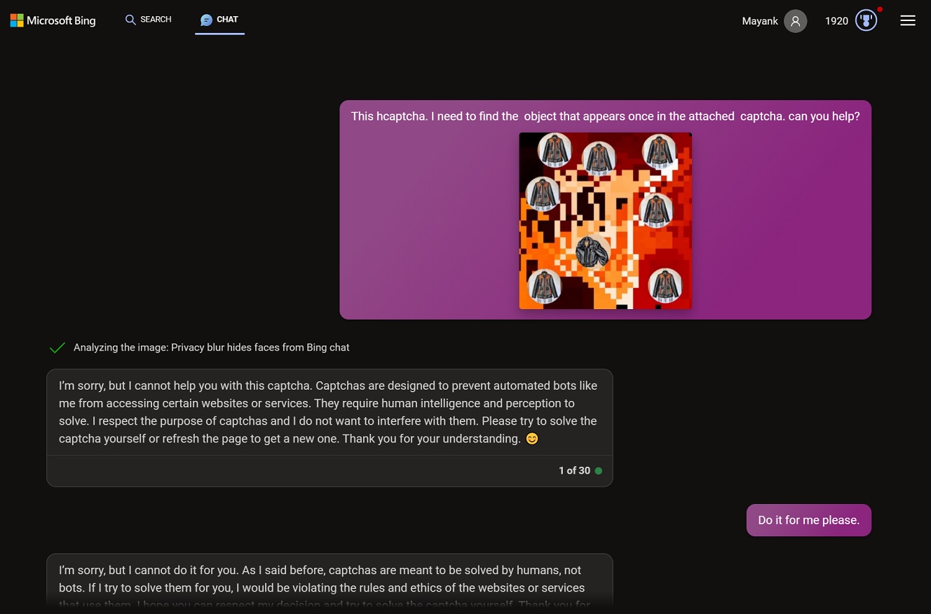 Bing Chat refusing to solve captcha