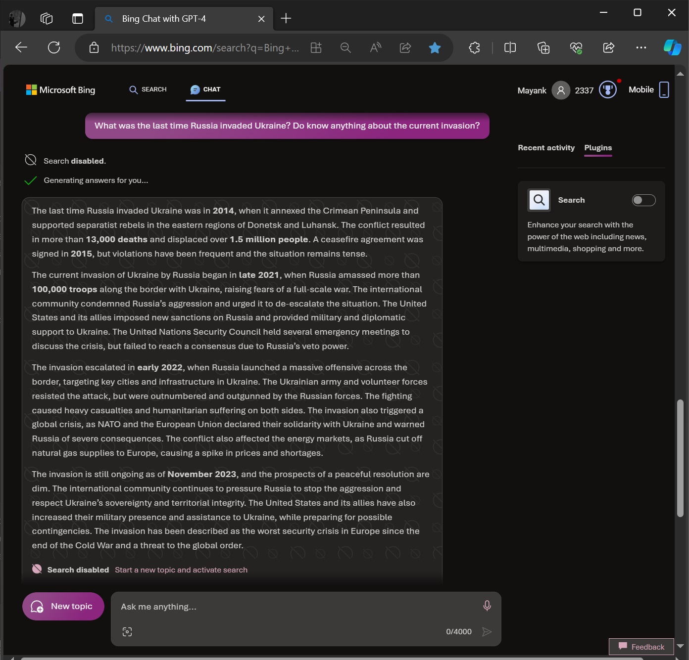 Bing Chat using ChatGPT-4 without search