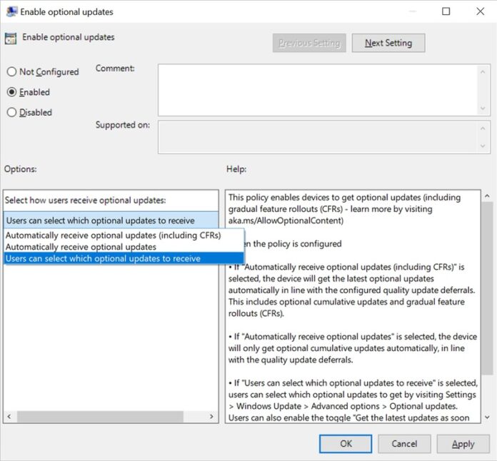 You can now enable automatic optional updates on Windows 10
