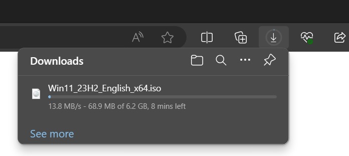 Size of Windows 11 ISO file is 6.24, downloading via Edge browser.