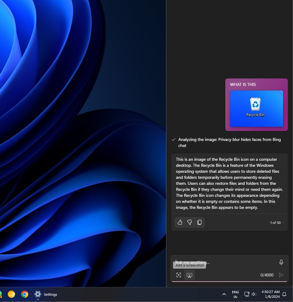 Windows Copilot screenshot button