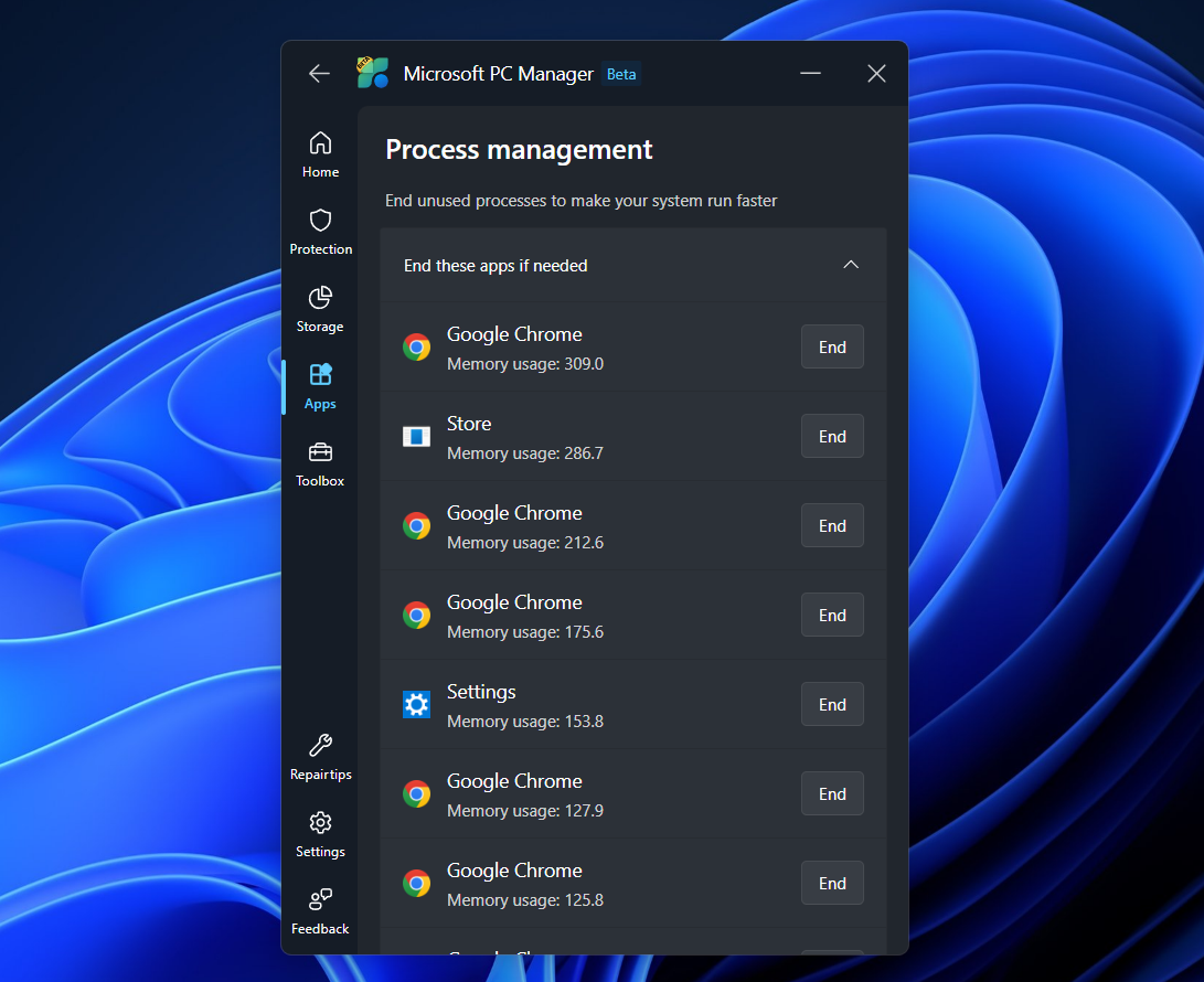 Manage process in Windows PC manager