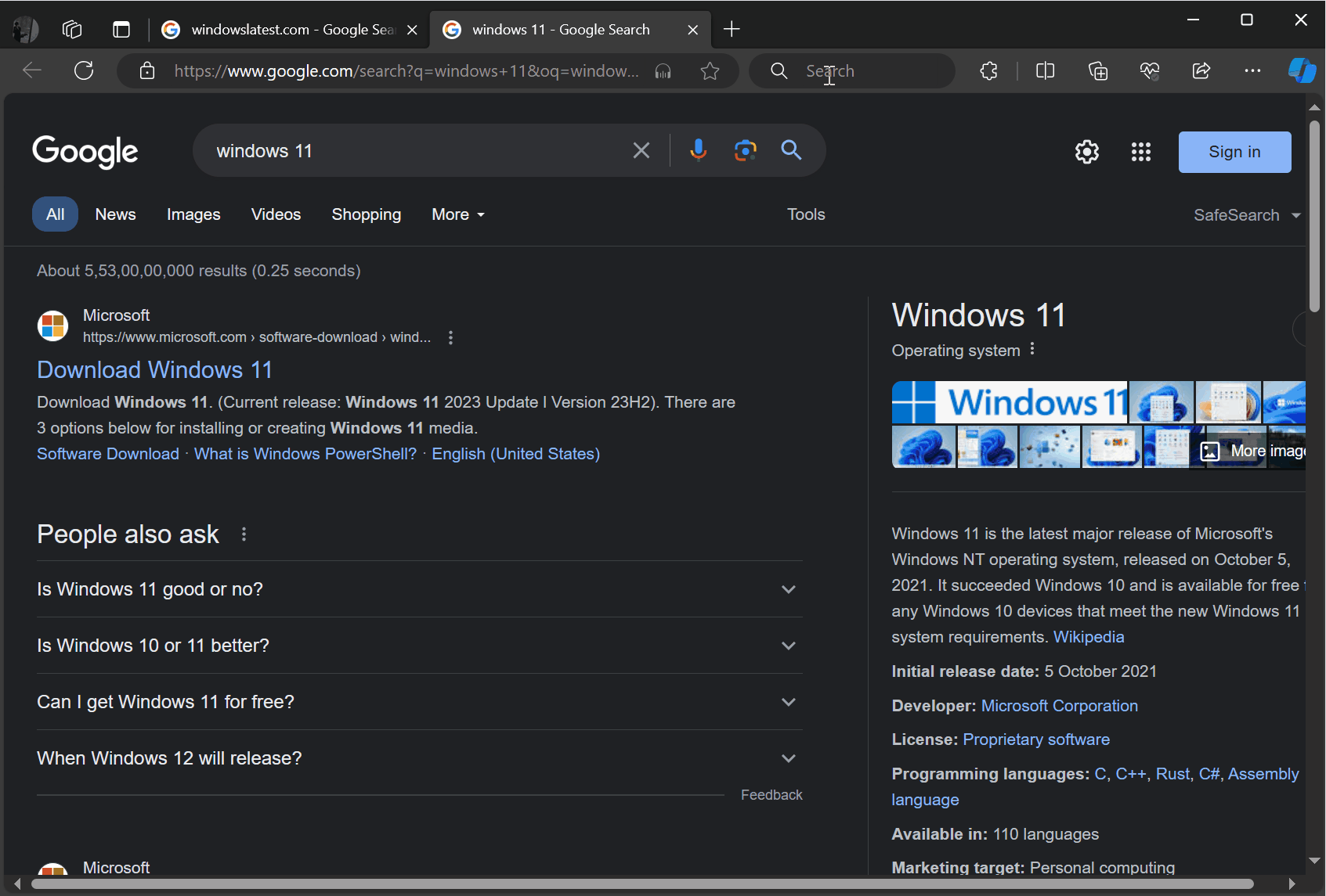 Microsoft Edge search bar
