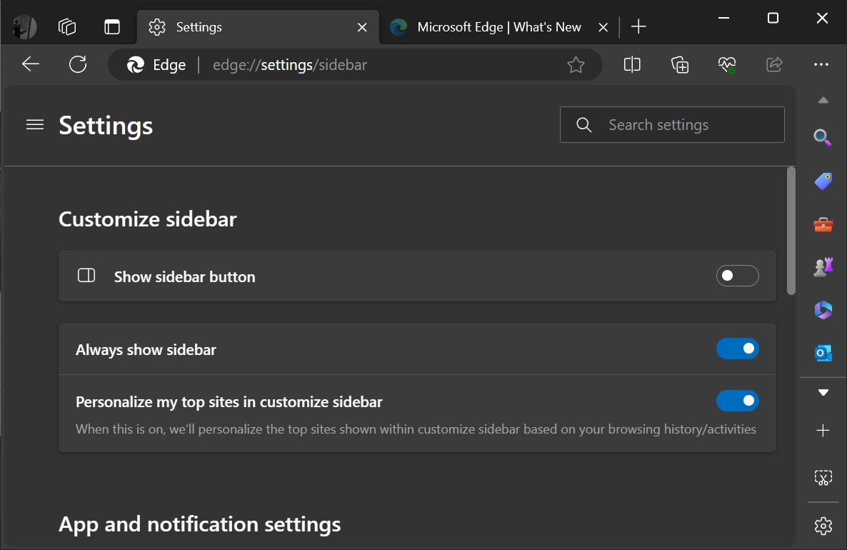 Microsoft Edge sidebar disabled