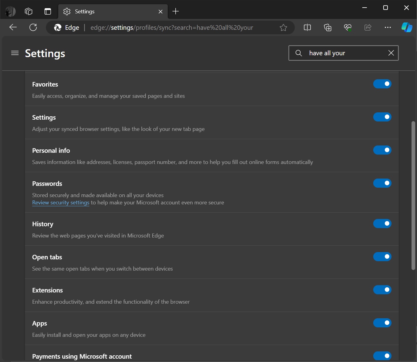 Microsoft Edge sync settings