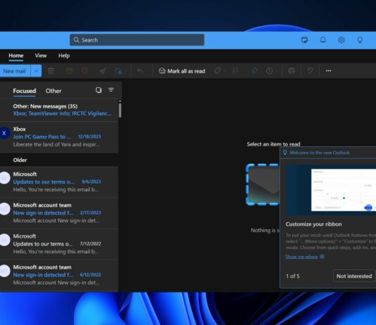 Microsoft New Outlook app windows