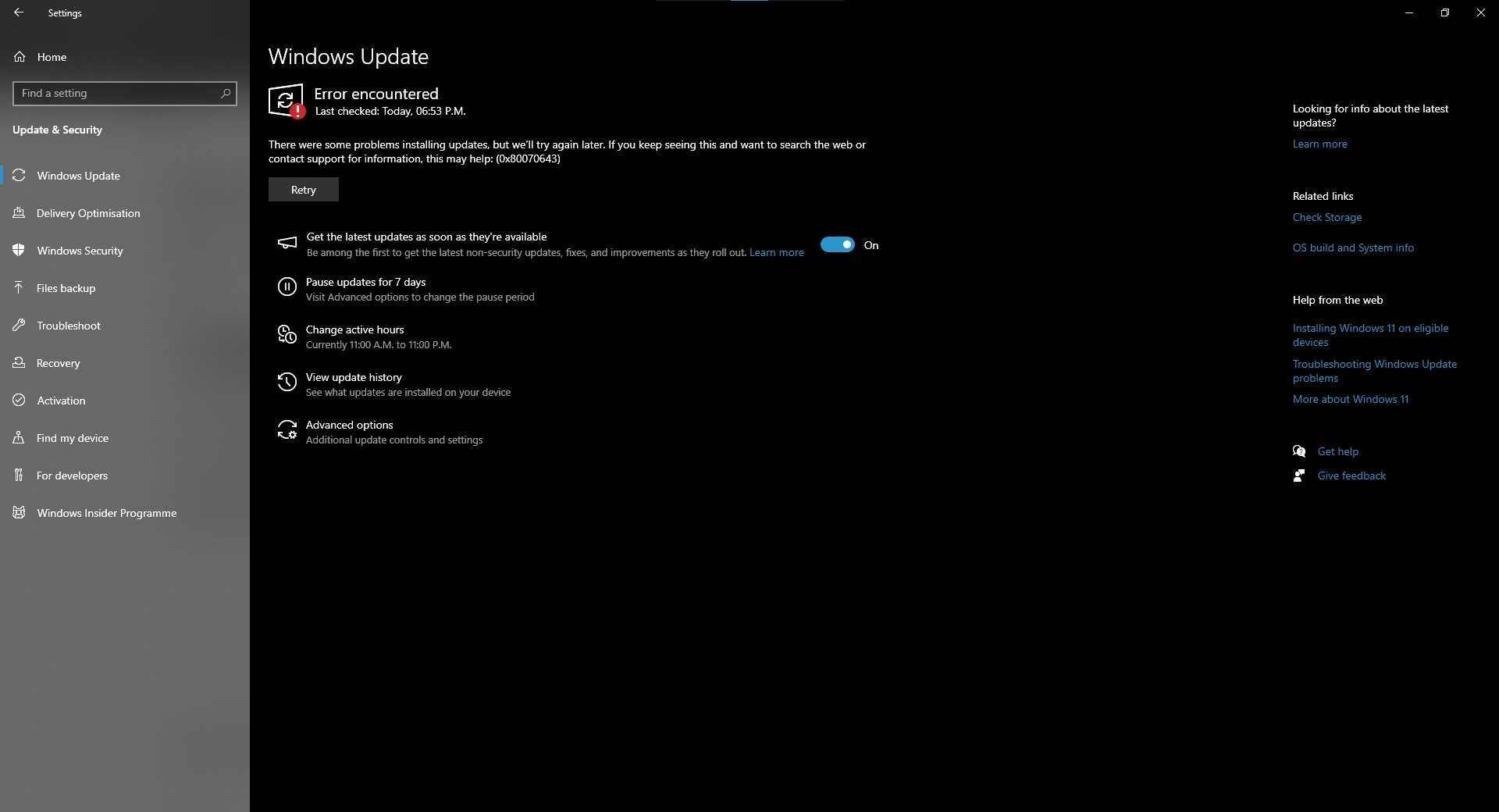 A atualização do Windows 10 KB5034441 falha com 0x80070643