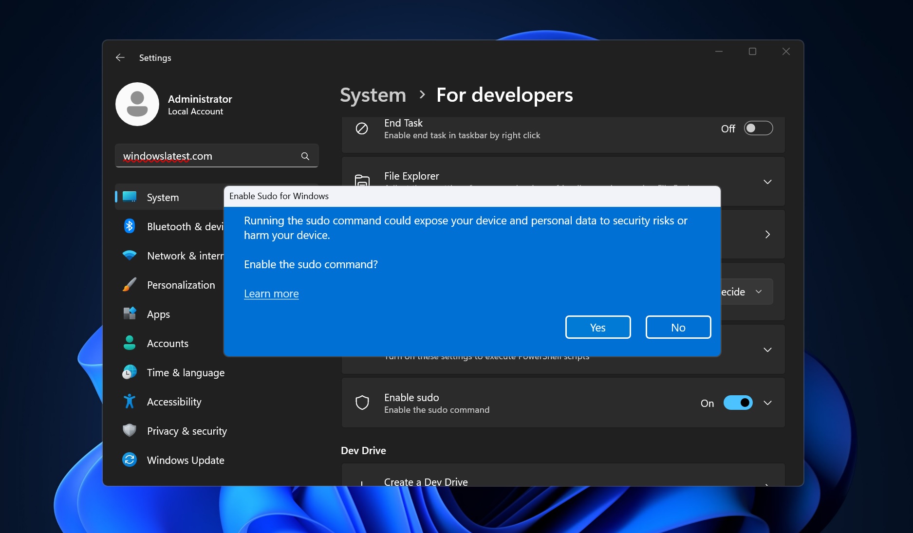 Windows Sudo command settings