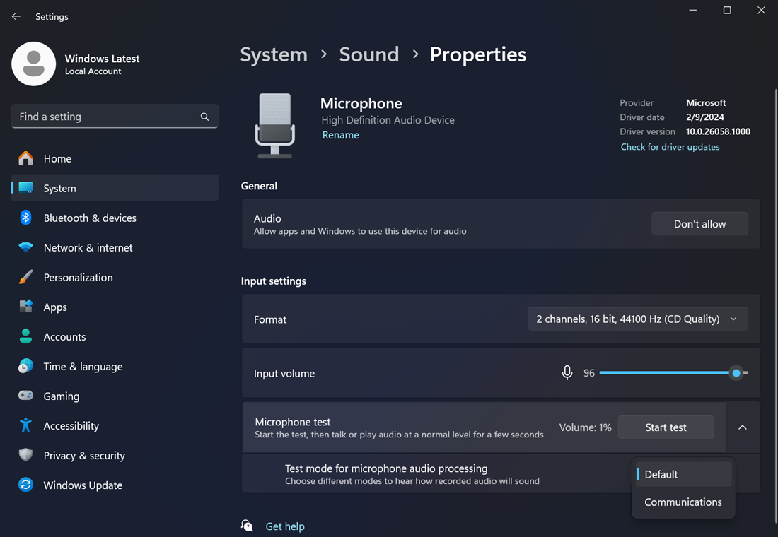 audio test utility in windows 11 24h2