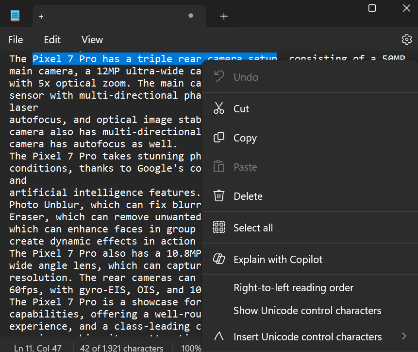 explain with copilot option in notepad