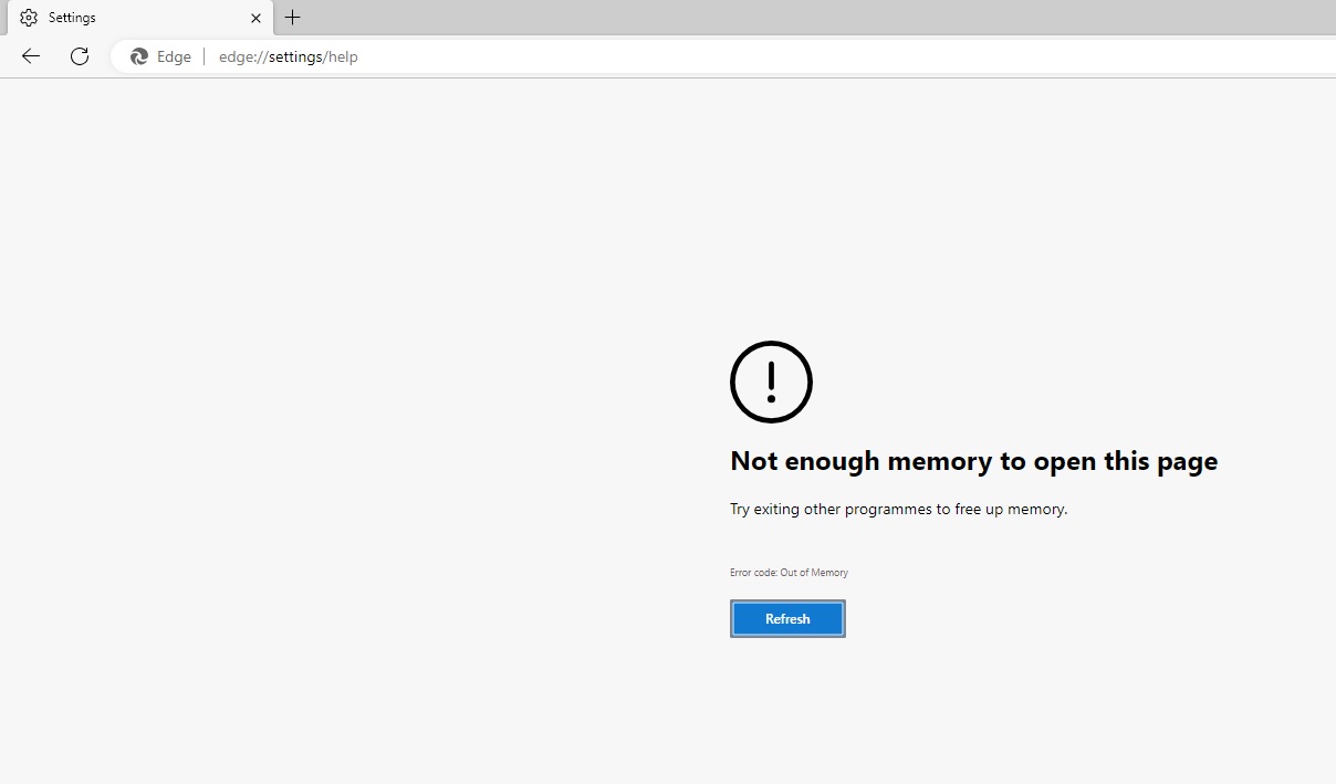 Microsoft Edge crashes with Not enough memory to open this page error