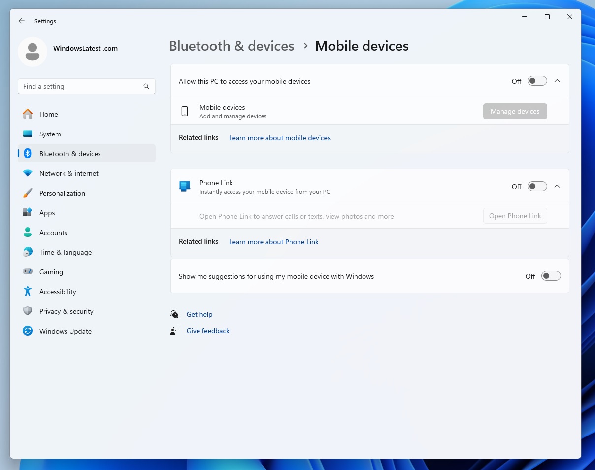 Mobile Devices settings in Windows 11