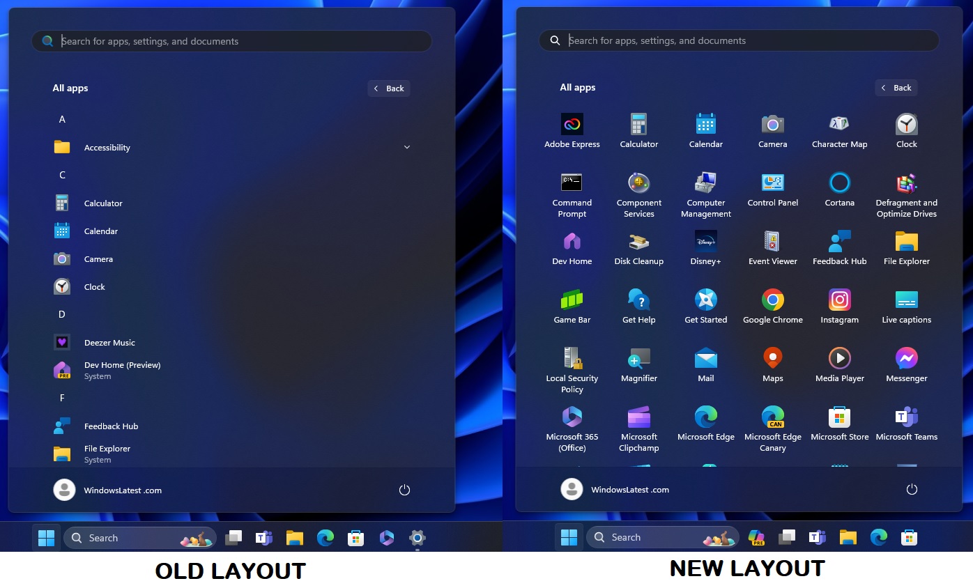 Start menu layout update compared