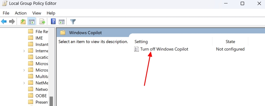 Desative a opção Windows Copilot no Editor de Política de Grupo Local.