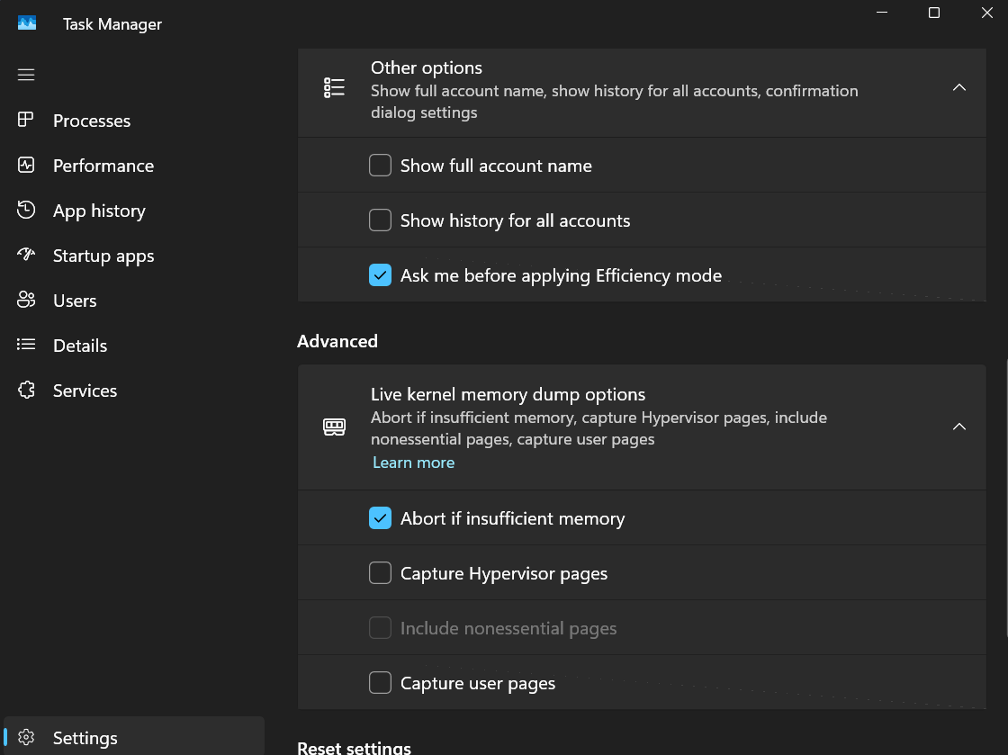 advanced settings task manager windows 11