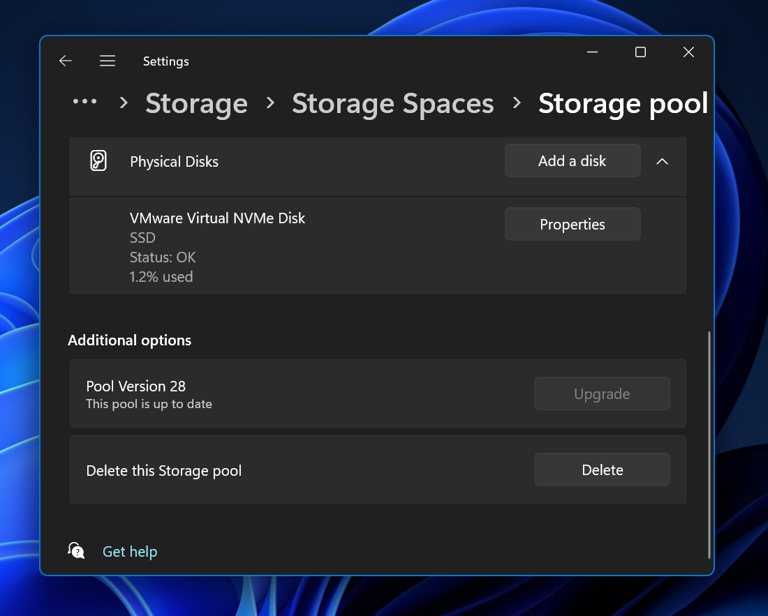 delete a storage pool in settings