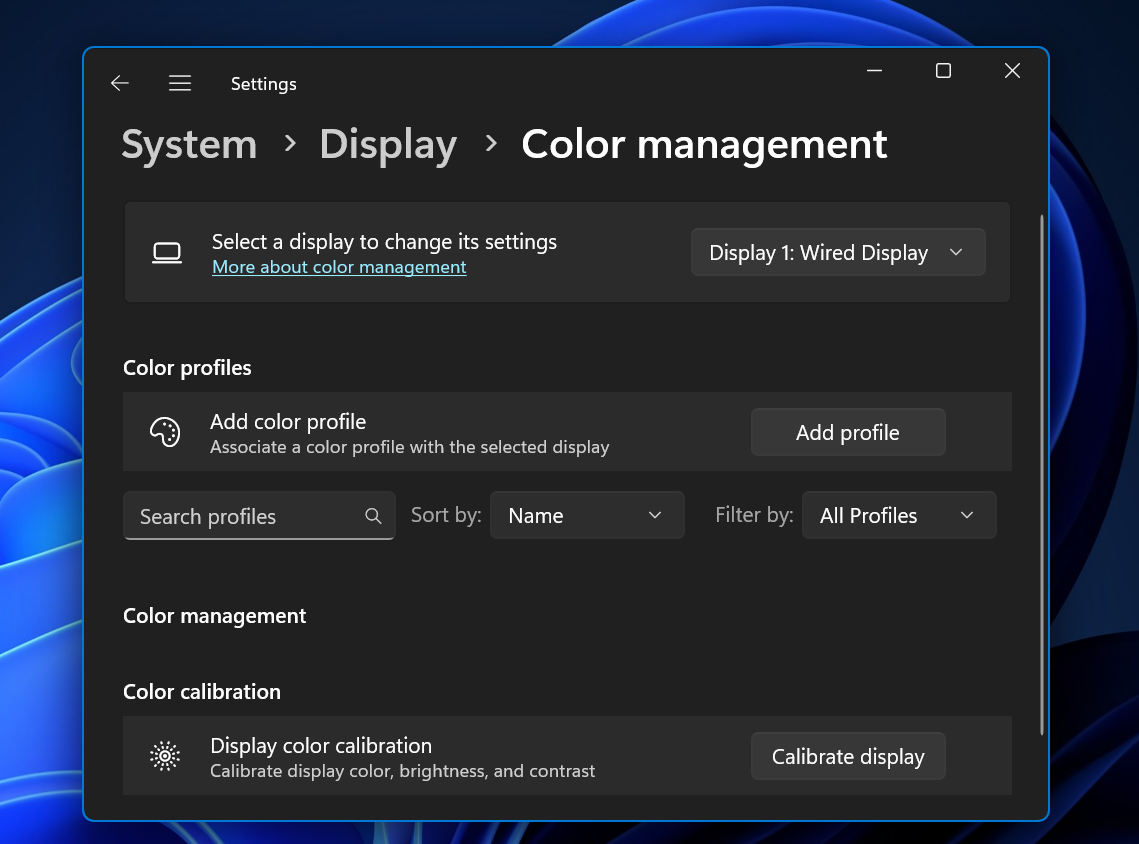 novas configurações de perfil de cores