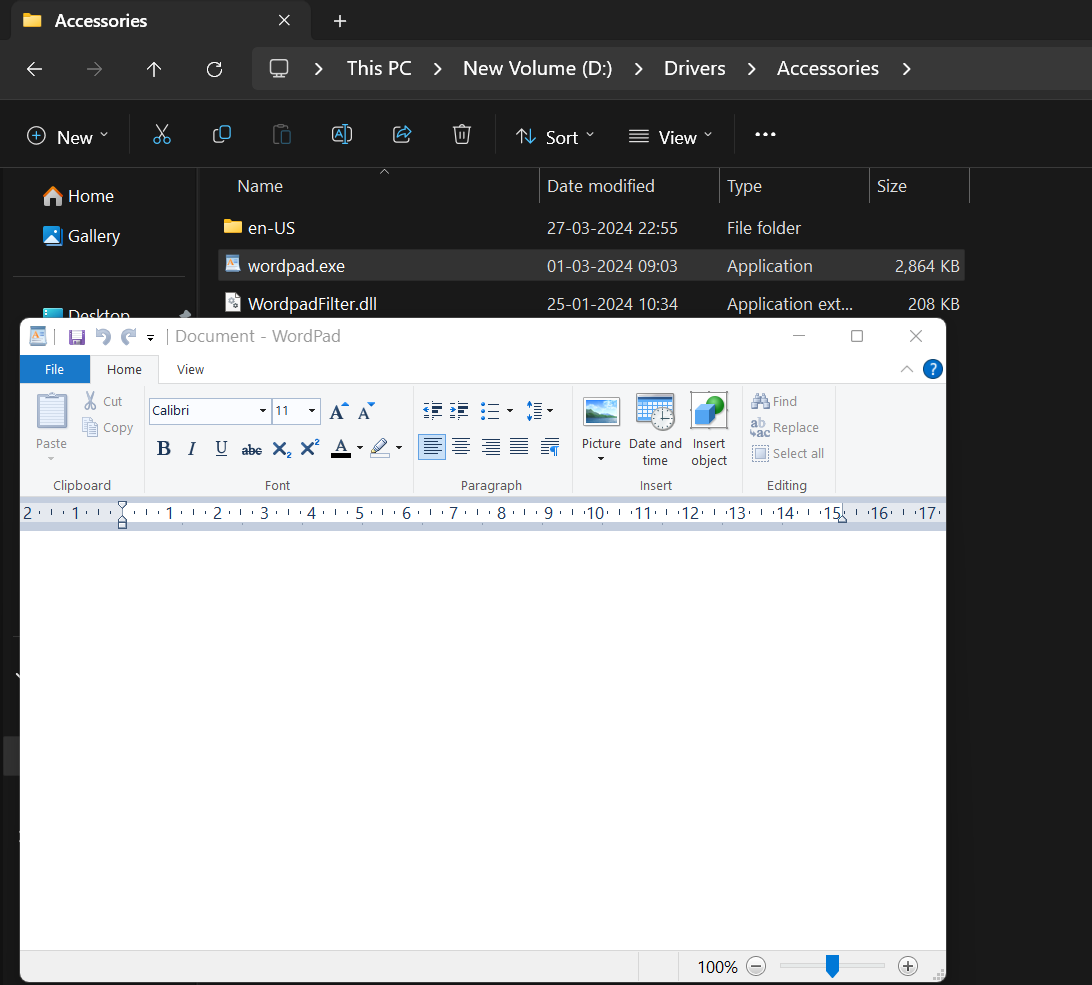 running wordpad by copying files from the accessories folder in windows 11 24h2