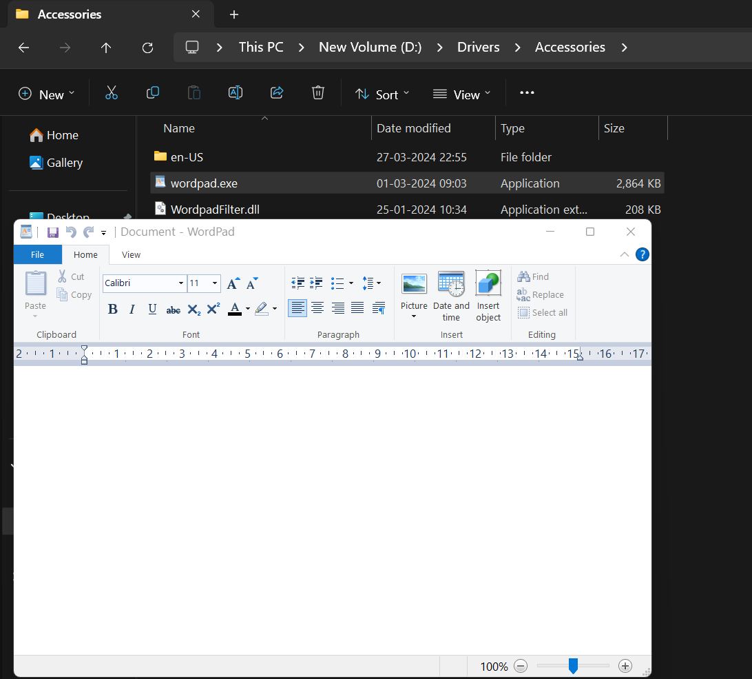 executando o wordpad copiando arquivos da pasta de acessórios no windows 11 24h2
