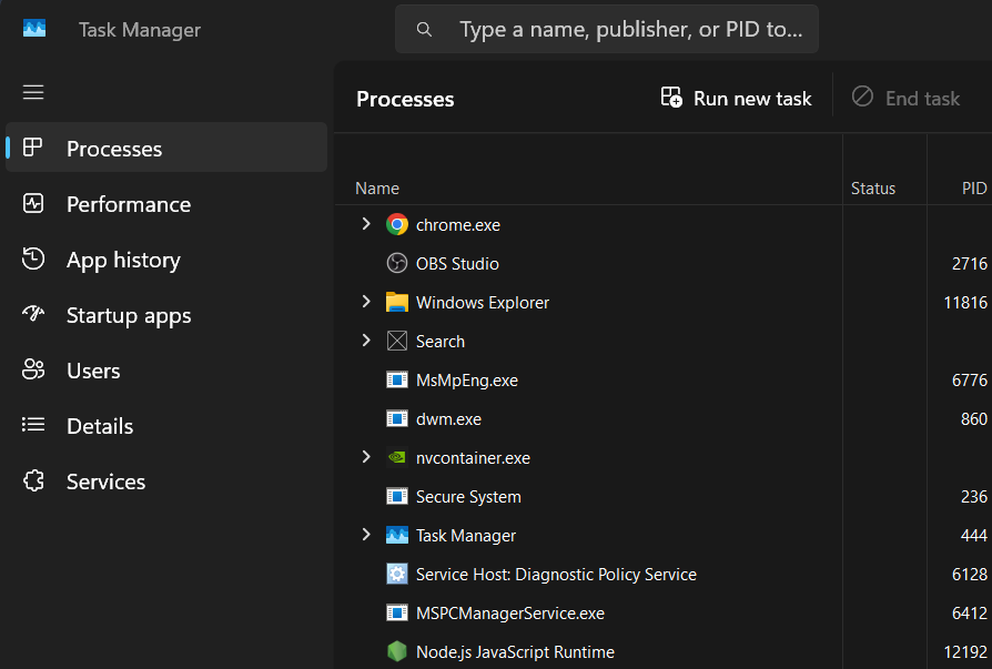 vertical menu in task manager