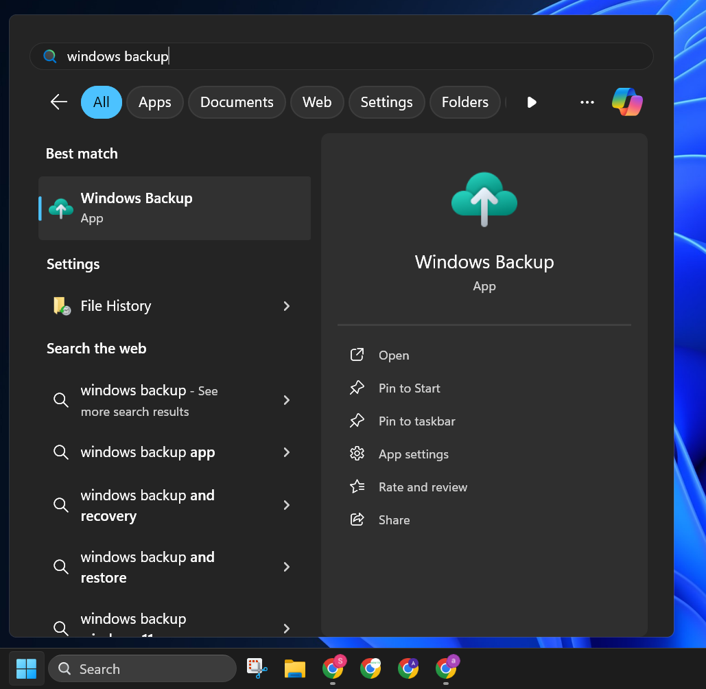 windows backup app in start menu