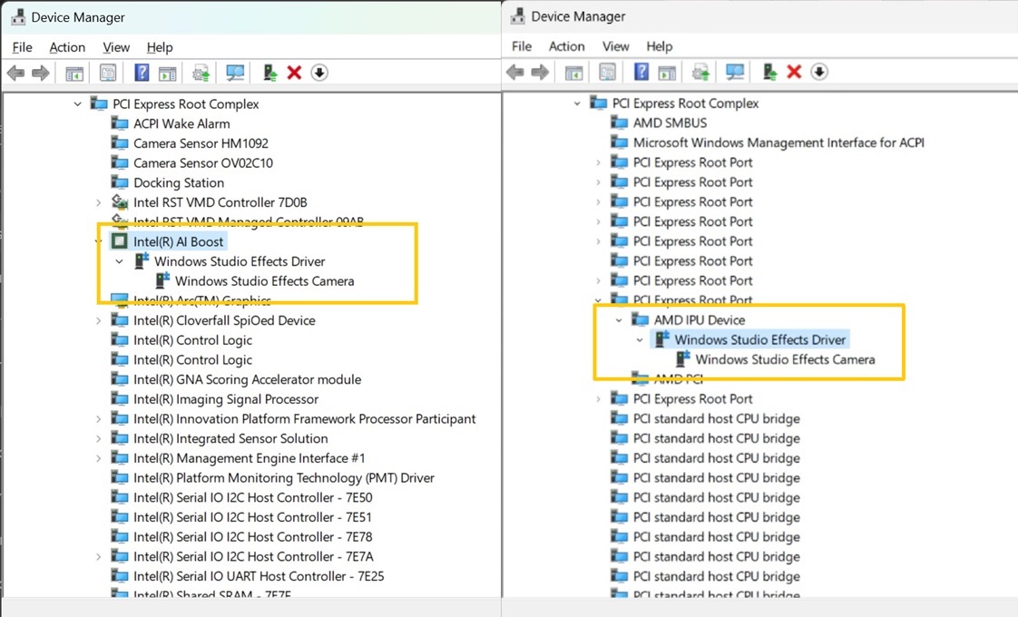 Intel and AMD AI hardware in Device Manager
