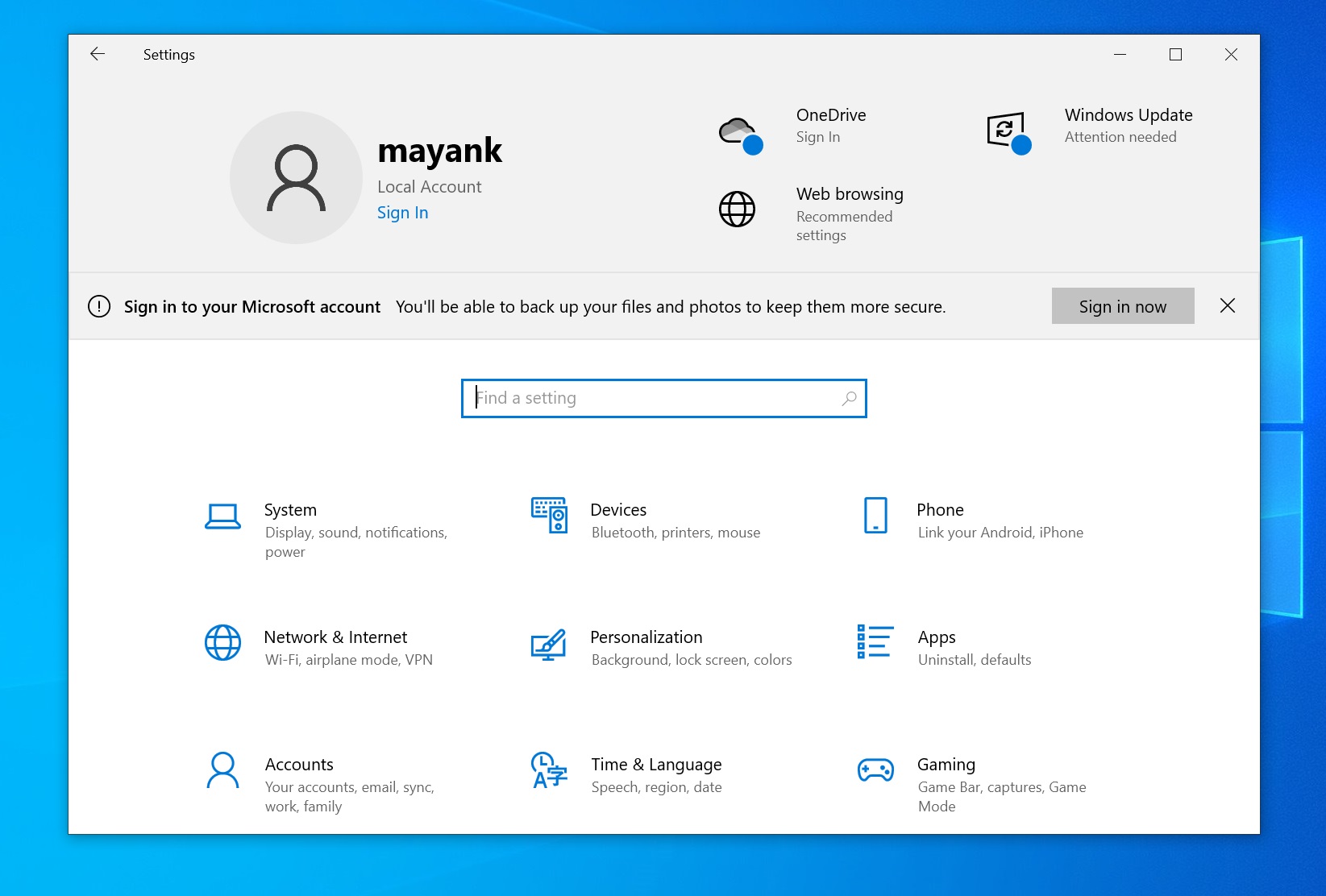Microsoft account alert in Windows Settings