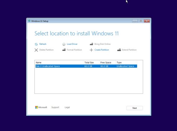Select location to install Windows 11 setup menu
