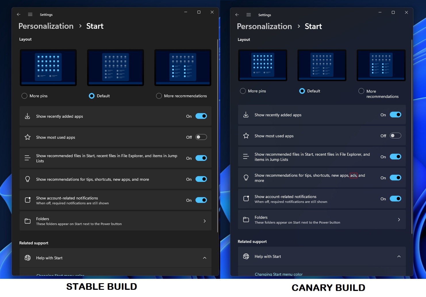 Activar/desactivar nuevos anuncios en el menú Inicio de Windows 11