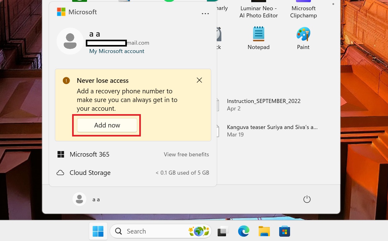 add now button for microsoft account recovery email in start menu