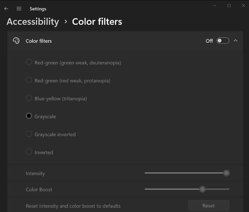 color filters in windows 11 24h2