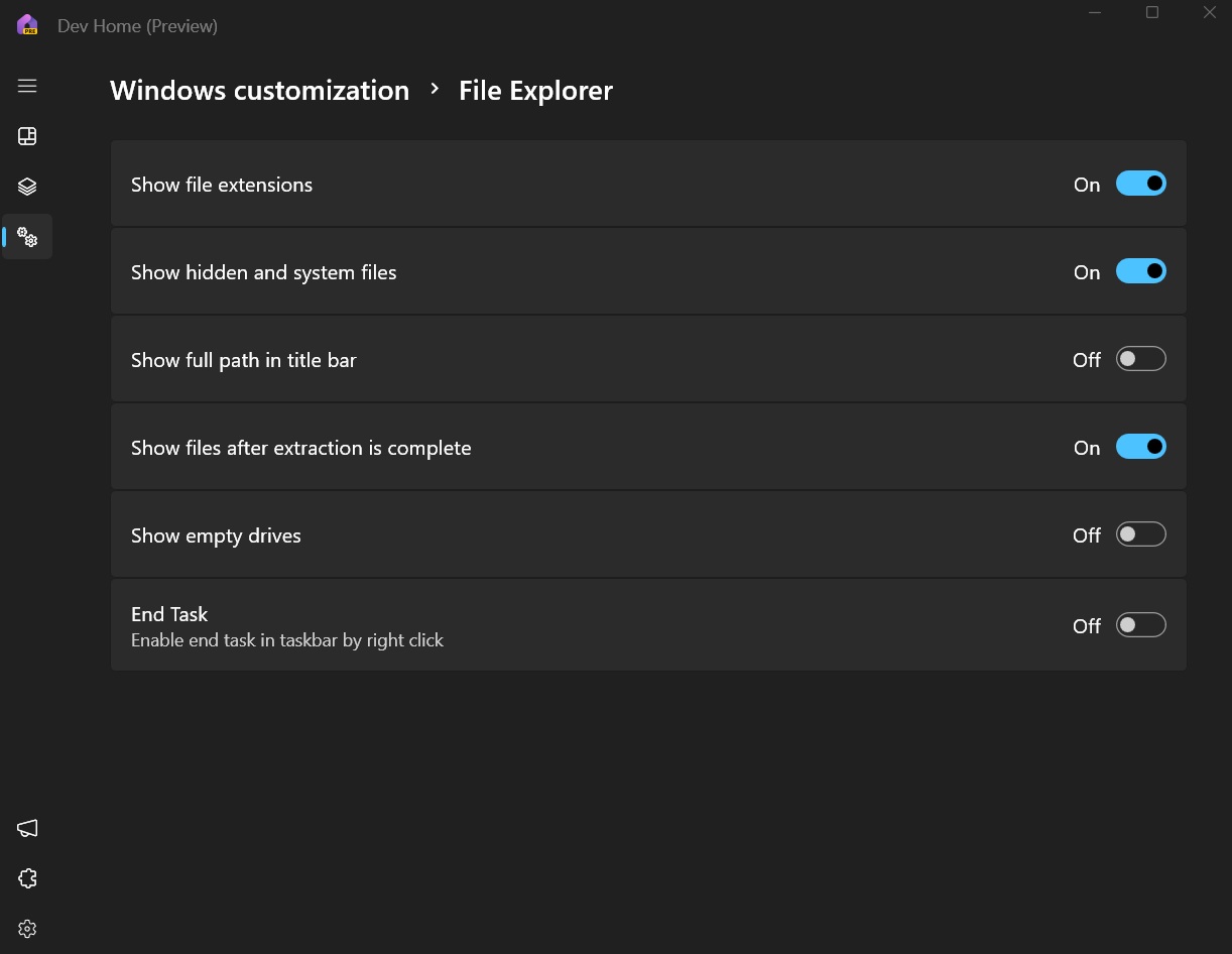 controles do explorador de arquivos no aplicativo dev home windows 11