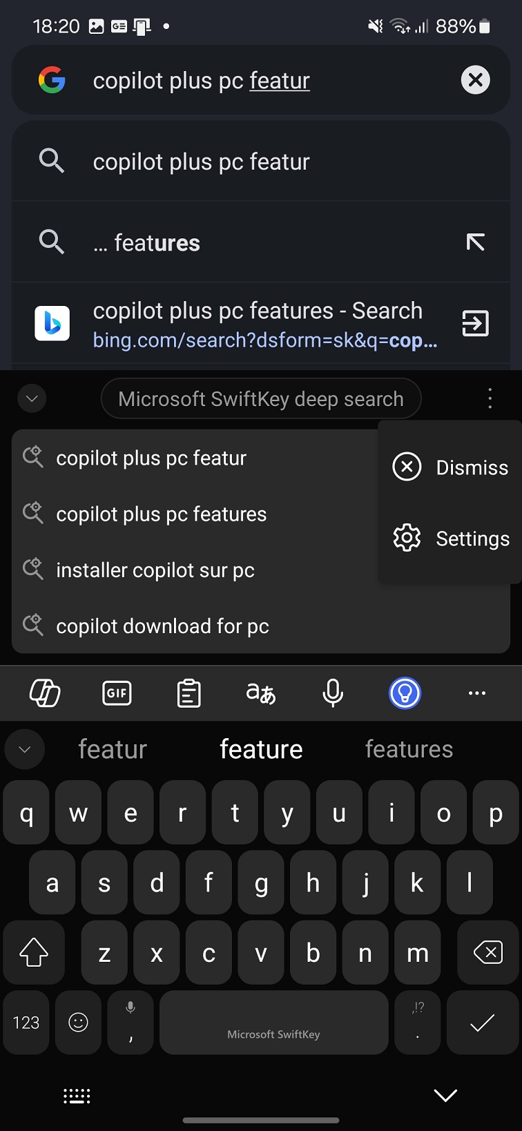 Dismiss Bing Deep Search in SwiftKey