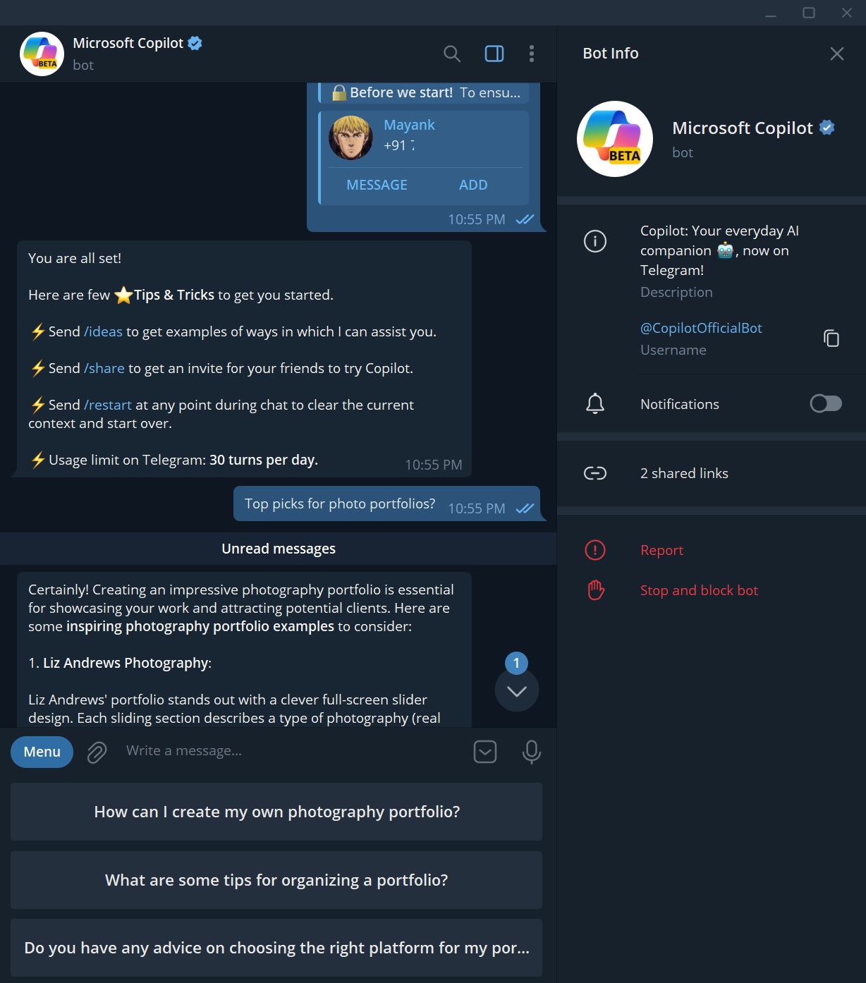 Microsoft Copilot for Telegram