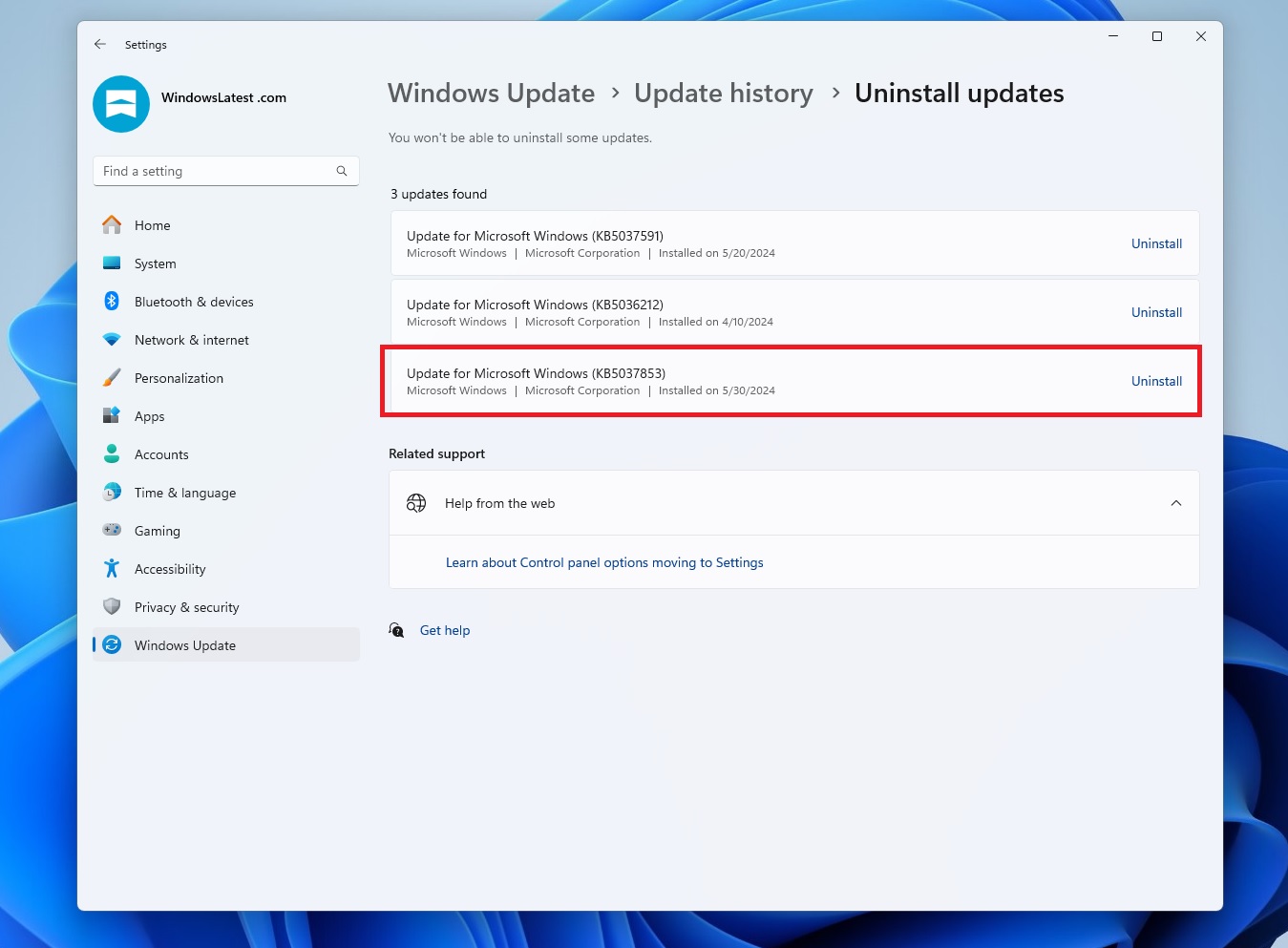 Uninstall Windows 11 update