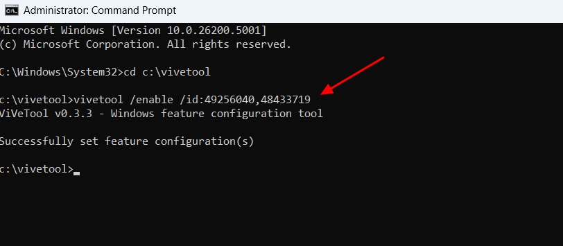 ViVetool command in Command Prompt.
